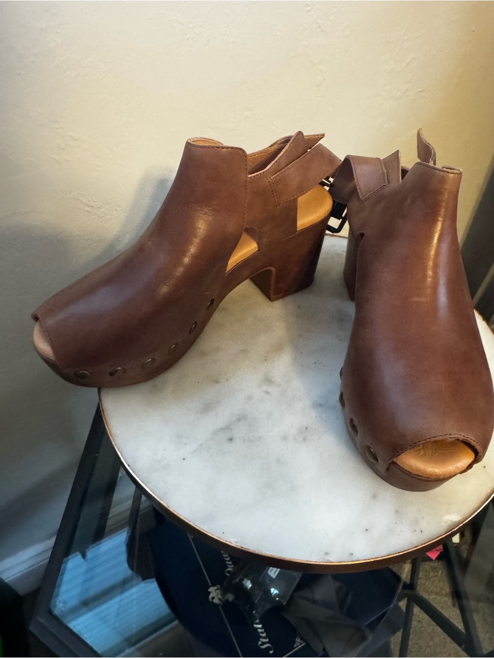 Chocolat Blu Brown Open-Toe Leather Block Heel Clogs